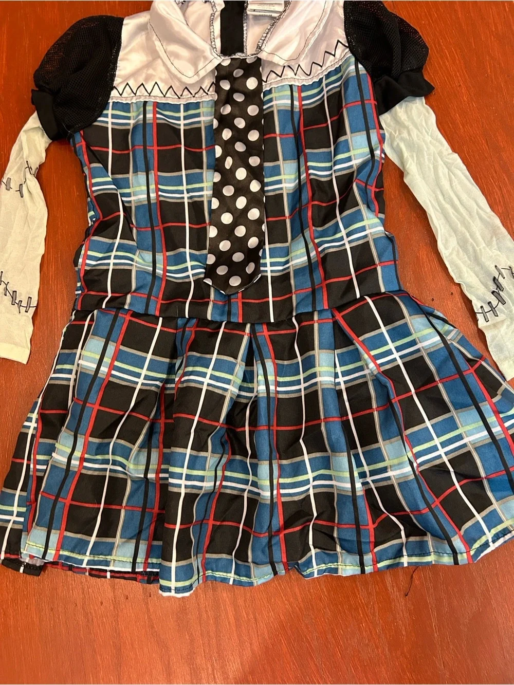 Monster high Blue Plaid Dress Set with Polka Dot Tie and Matching hair clip